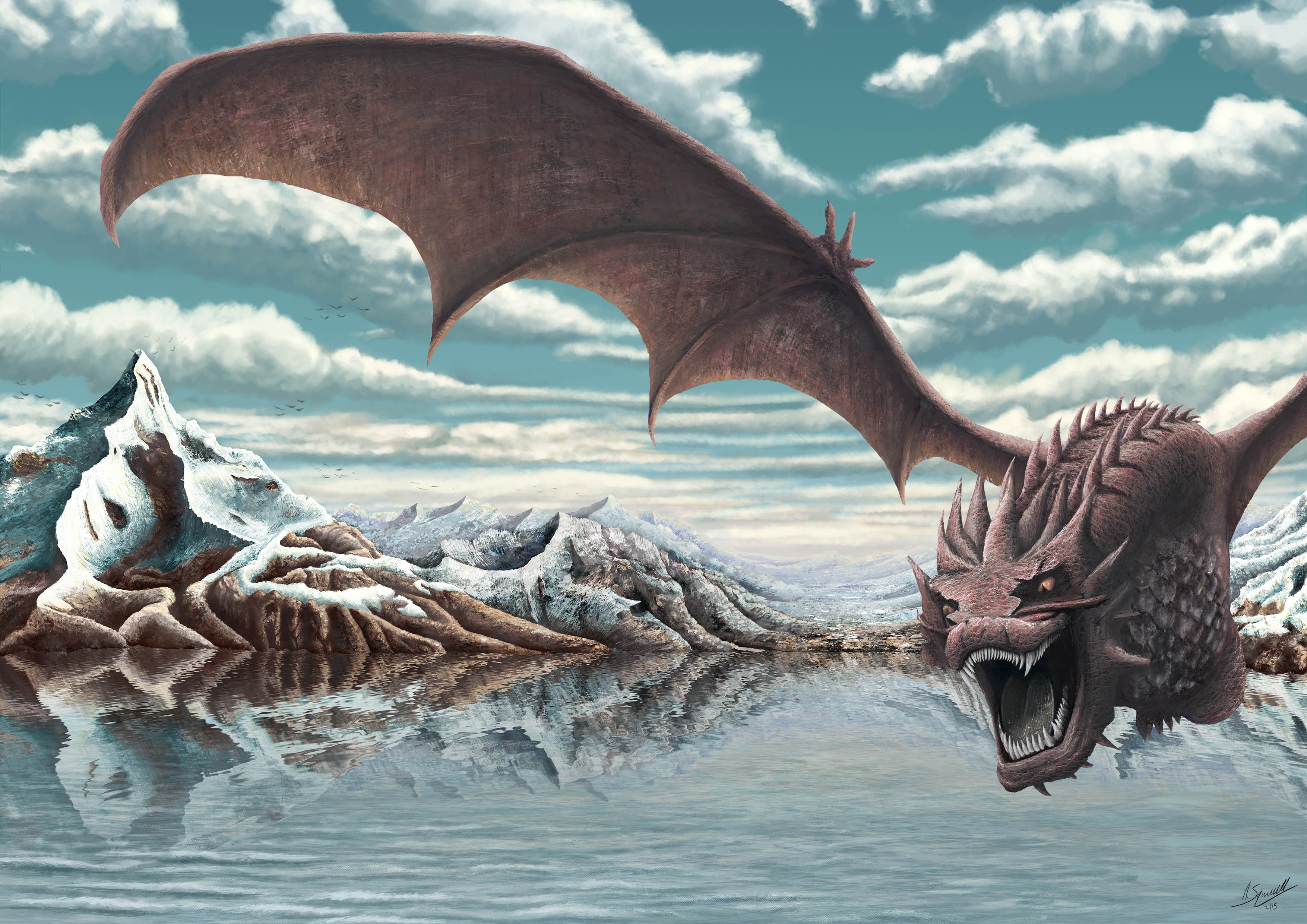 Digital Painting of Smaug and the Misty Mountins.